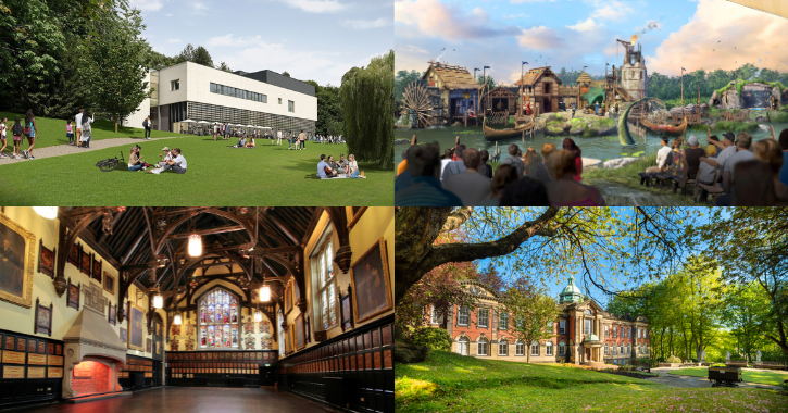 Collage of images CGI images of The Light and The Storied Lands, Durham Town Hall and Redhills.